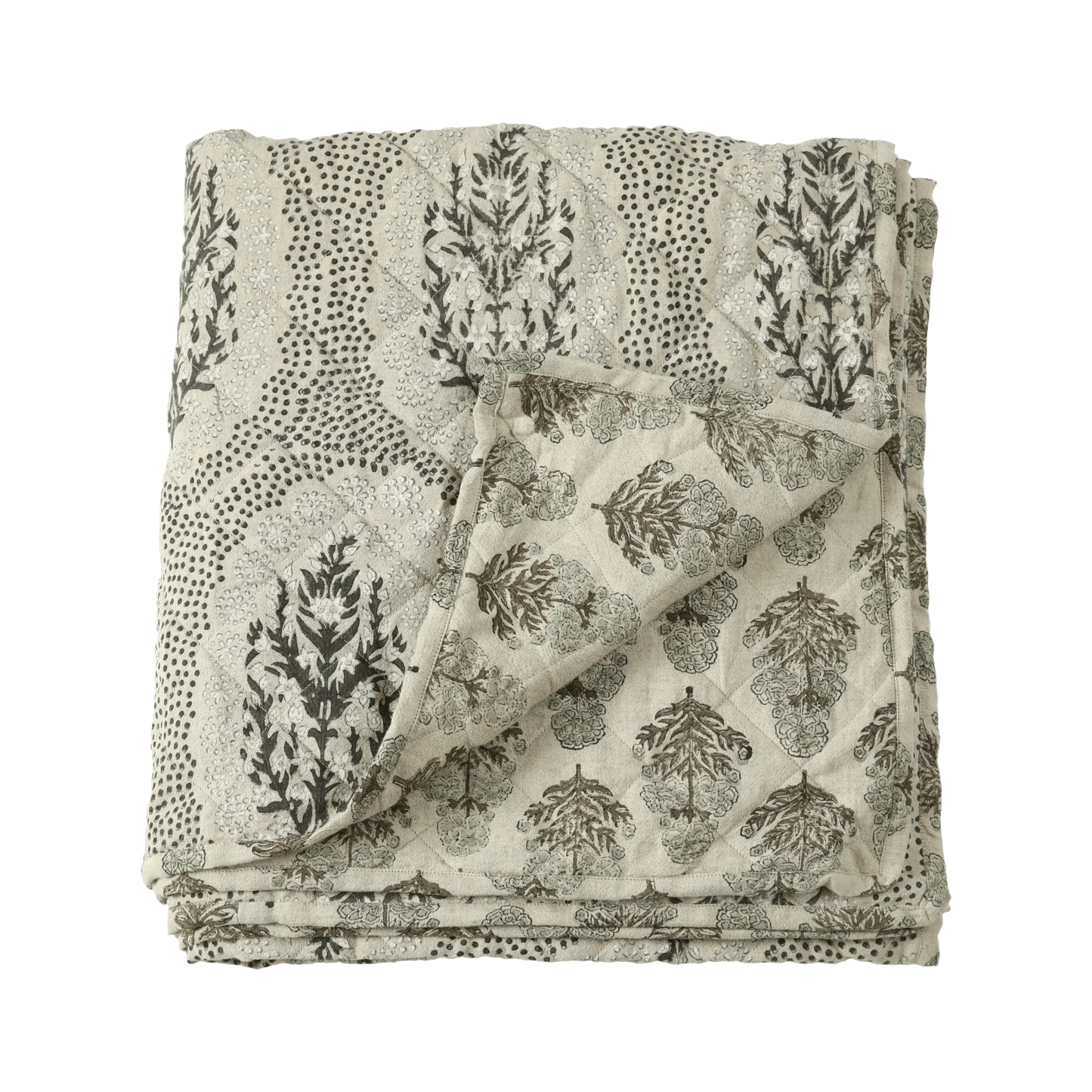 Fleur Linen & Cotton Block Print Quilted Coverlet
