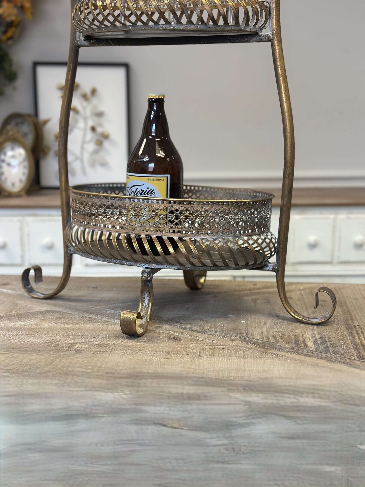 Vintage Brass 2-Tier Metal Bar Cart Stand with Ornate Detailing