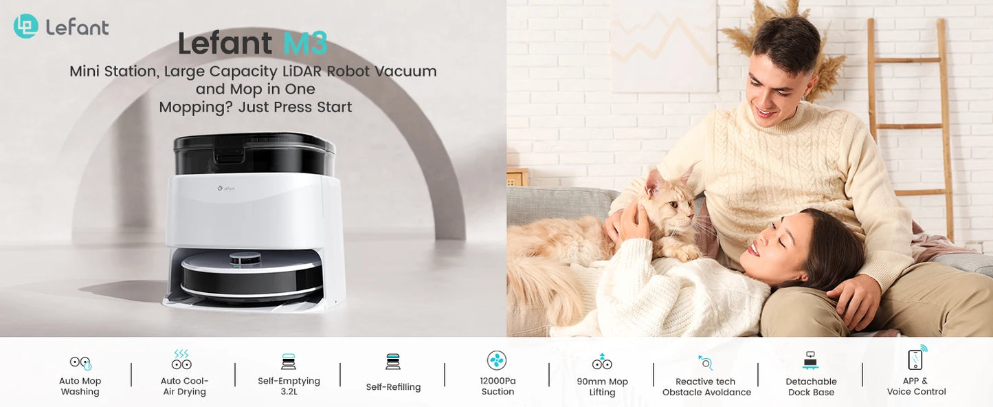 LEFANT Robot Vacuum Cleaner with Mapping, 12000Pa Suction, Emptying Station, Automatic Washing and Drying, DTOF Laser