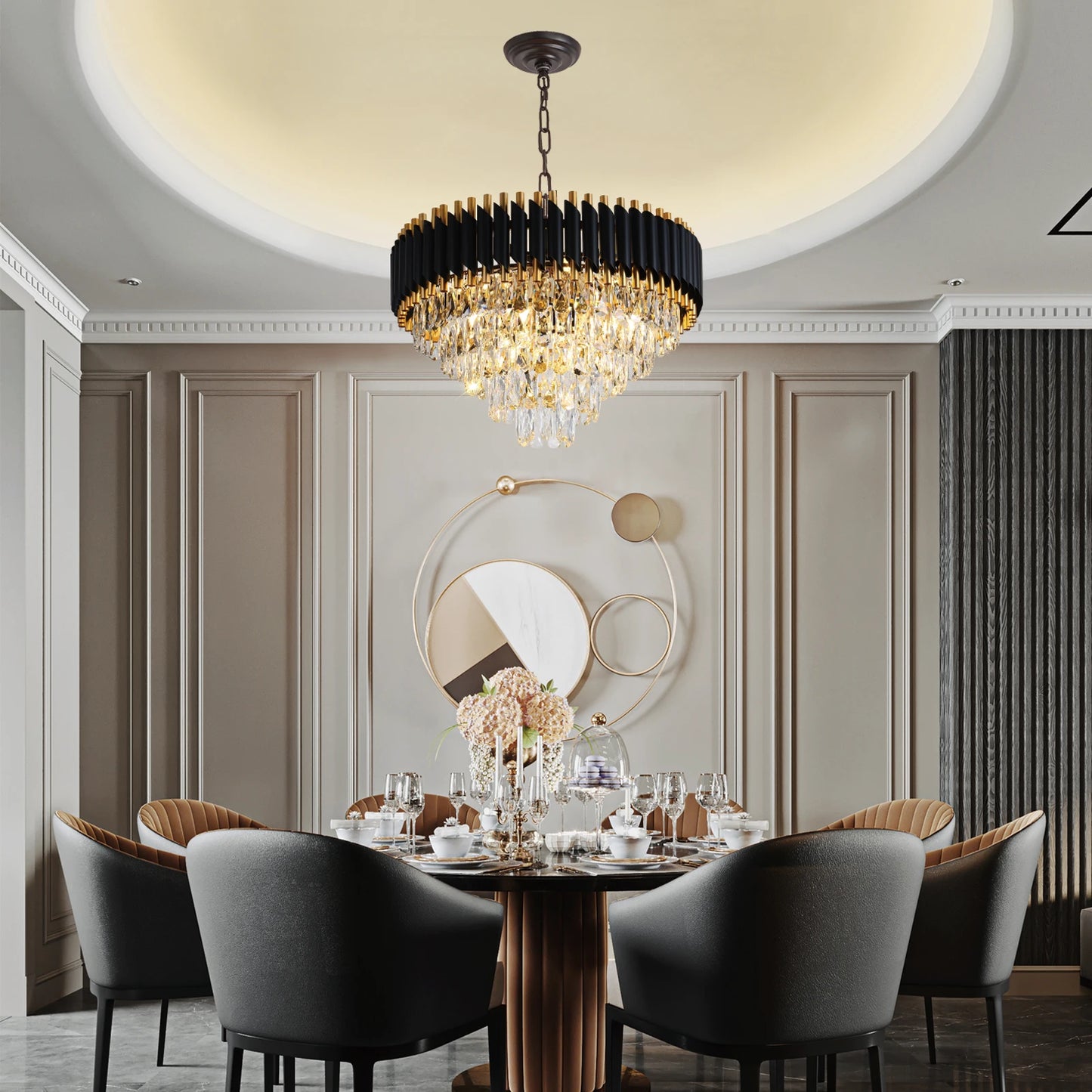 Modern Crystal Chandeliers 5-Tier K9 Round Black and GoldCrystal Chandeliers Light Fixture 12 Lights