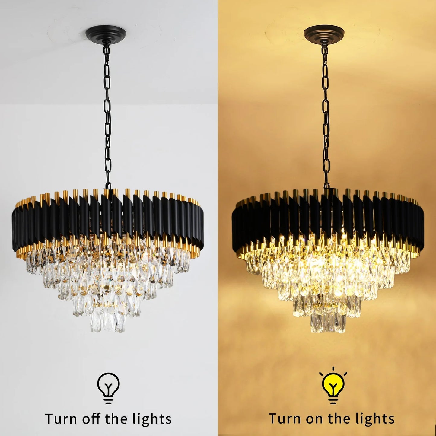 Modern Crystal Chandeliers 5-Tier K9 Round Black and GoldCrystal Chandeliers Light Fixture 12 Lights