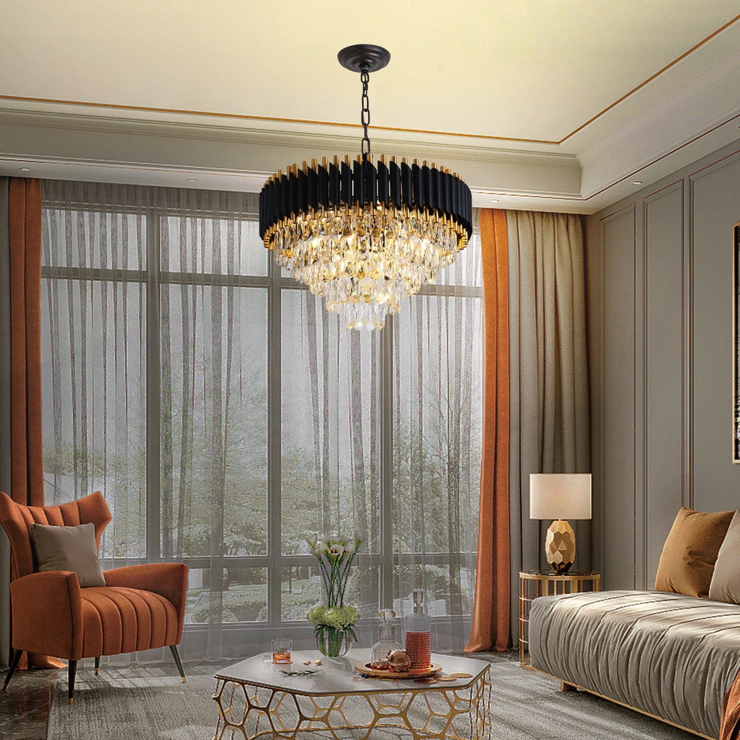 Modern Crystal Chandeliers 5-Tier K9 Round Black and GoldCrystal Chandeliers Light Fixture 12 Lights