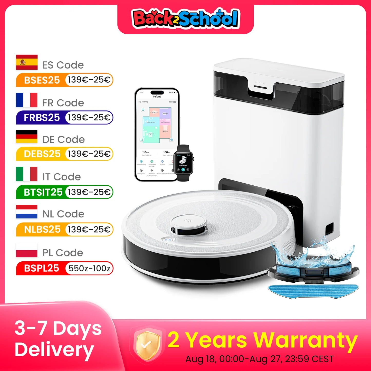 Lefant M2Pro Robot Vacuum with Mop,Self-Emptying, 6000Pa , DTOF Laser Navigation, PSD Obstacle Avoidance, Wi-fi/Alexa Control