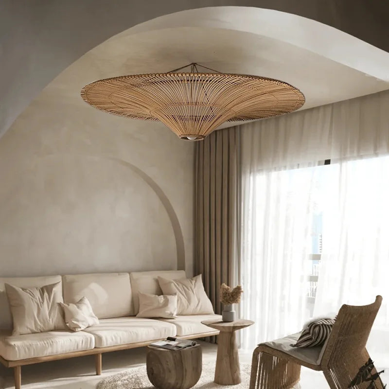 Wabi Sabi Japanese Rattan Pendant Light - Handmade Straw Hat Chandelier for Unique Decor