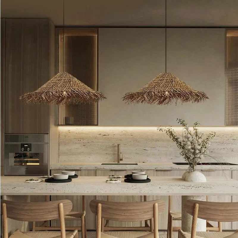 Wabi Sabi E27 LED Pendant Lights - Rattan Hanging Lamp for Dining Room Elegance