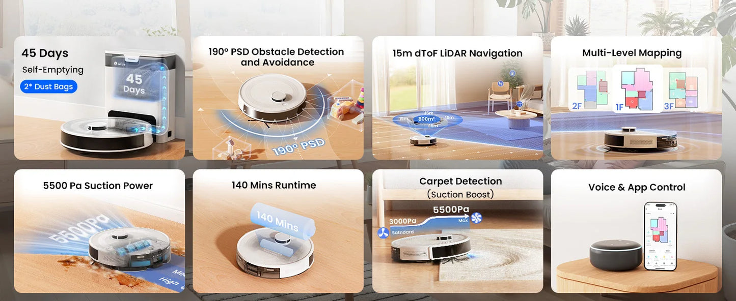 Lefant M2Pro Robot Vacuum with Mop,Self-Emptying, 6000Pa , DTOF Laser Navigation, PSD Obstacle Avoidance, Wi-fi/Alexa Control