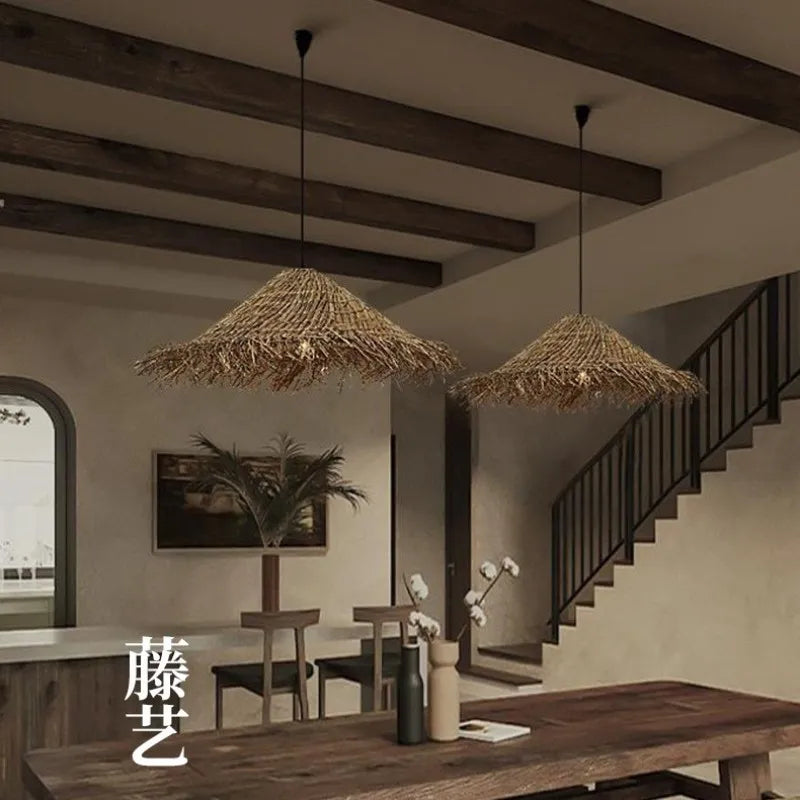 Wabi Sabi E27 LED Pendant Lights - Rattan Hanging Lamp for Dining Room Elegance