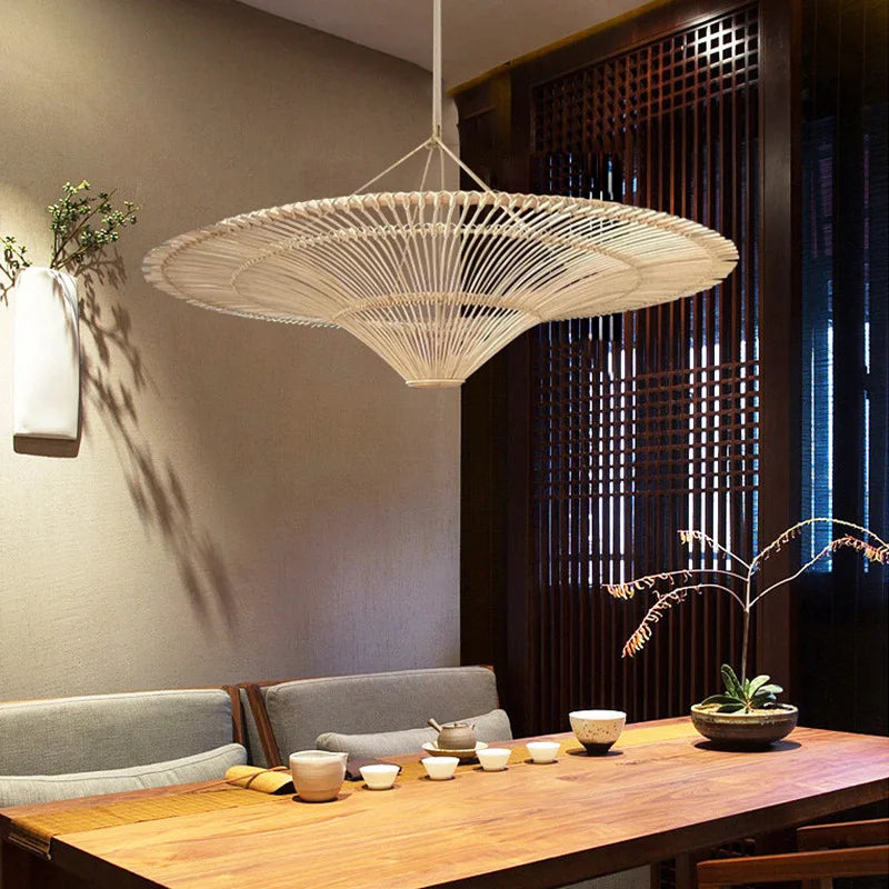Wabi Sabi Japanese Rattan Pendant Light - Handmade Straw Hat Chandelier for Unique Decor