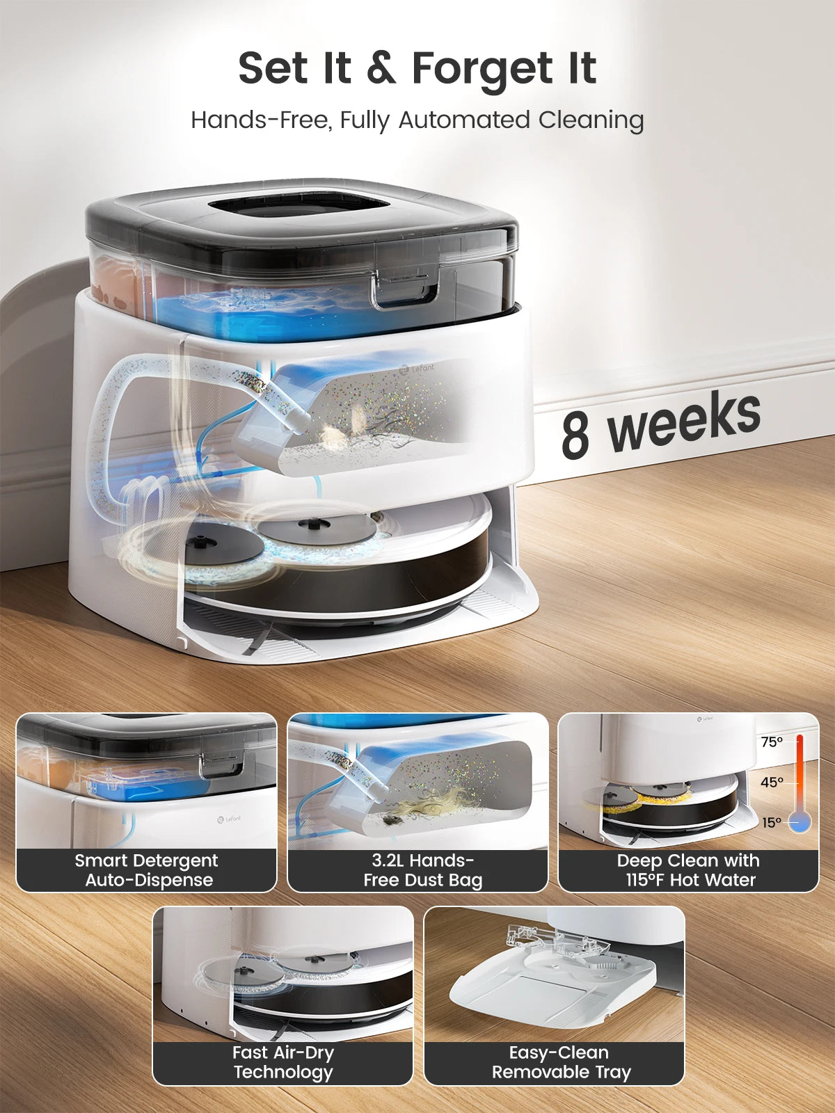 LEFANT Robot Vacuum Cleaner with Mapping, 12000Pa Suction, Emptying Station, Automatic Washing and Drying, DTOF Laser
