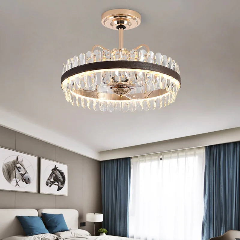 Dimmable LED Crystal Oval Ceiling Chandeliers - Black Leather Luxury Lustres for Dining Room Decor