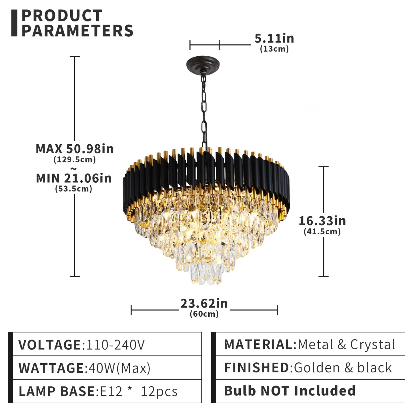 Modern Crystal Chandeliers 5-Tier K9 Round Black and GoldCrystal Chandeliers Light Fixture 12 Lights