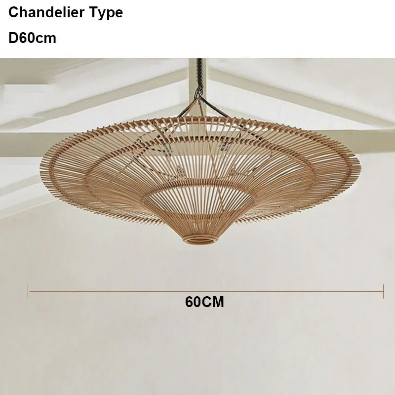 Wabi Sabi Japanese Rattan Pendant Light - Handmade Straw Hat Chandelier for Unique Decor