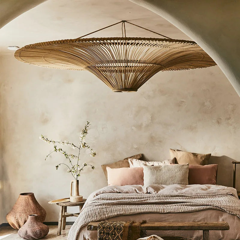 Wabi Sabi Japanese Rattan Pendant Light - Handmade Straw Hat Chandelier for Unique Decor
