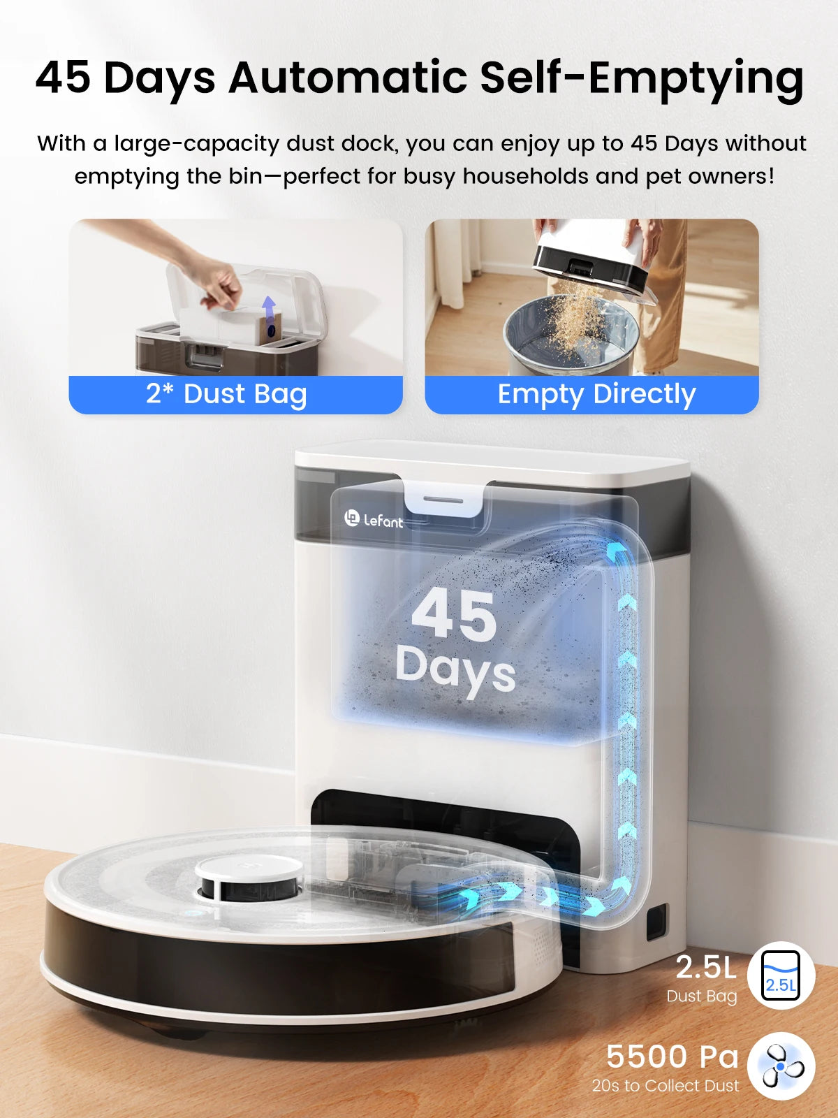 Lefant M2Pro Robot Vacuum with Mop,Self-Emptying, 6000Pa , DTOF Laser Navigation, PSD Obstacle Avoidance, Wi-fi/Alexa Control