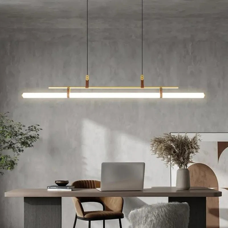 Eden Chandelier - Modern Long Tube Pendant Lamp in Black and Gold with Leather Accents for Kitchen, Dining Room, Office, and Cafe