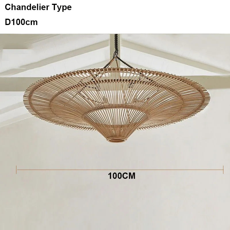 Wabi Sabi Japanese Rattan Pendant Light - Handmade Straw Hat Chandelier for Unique Decor