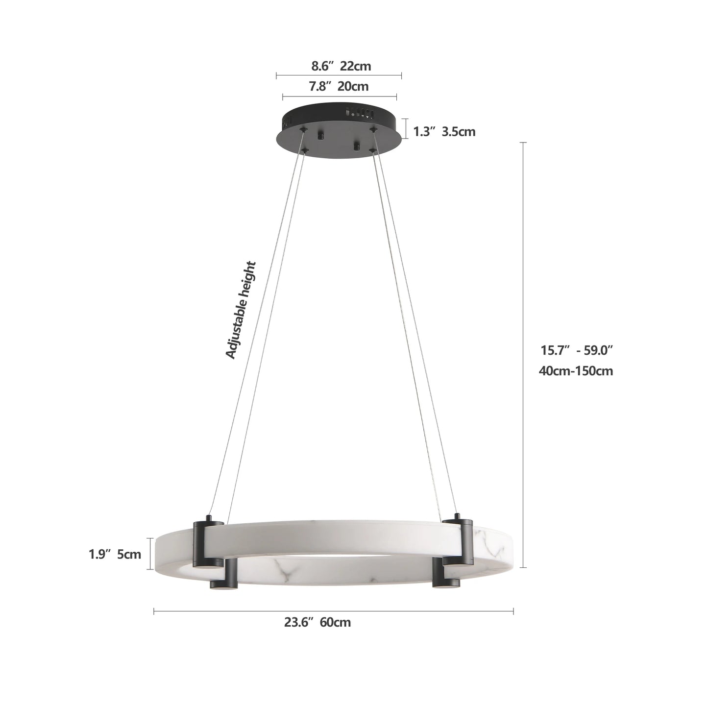 Modern LED Pendant Light, 23.6-Inch Round Hanging Chandelier with Adjustable Height, Imitation Marble Finish Resin Ring Lamp