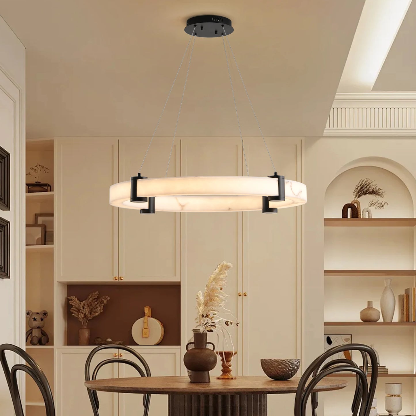 Modern LED Pendant Light, 23.6-Inch Round Hanging Chandelier with Adjustable Height, Imitation Marble Finish Resin Ring Lamp