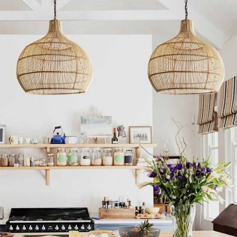 Japanese Handmade Rattan Woven Pendant Lamp - Artful Lighting for Rural Retro Decor