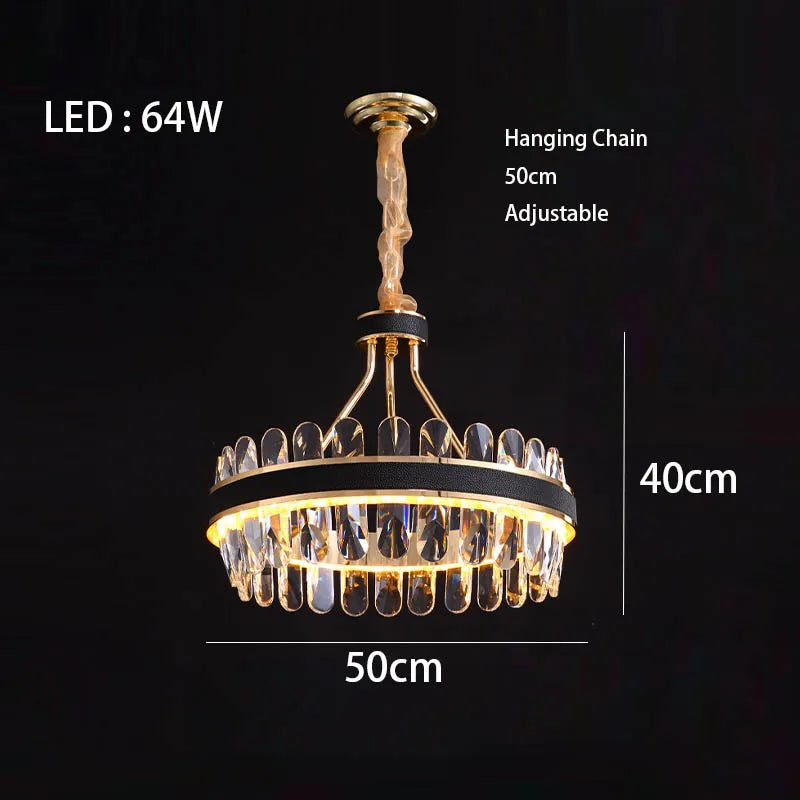 Dimmable LED Crystal Oval Ceiling Chandeliers - Black Leather Luxury Lustres for Dining Room Decor