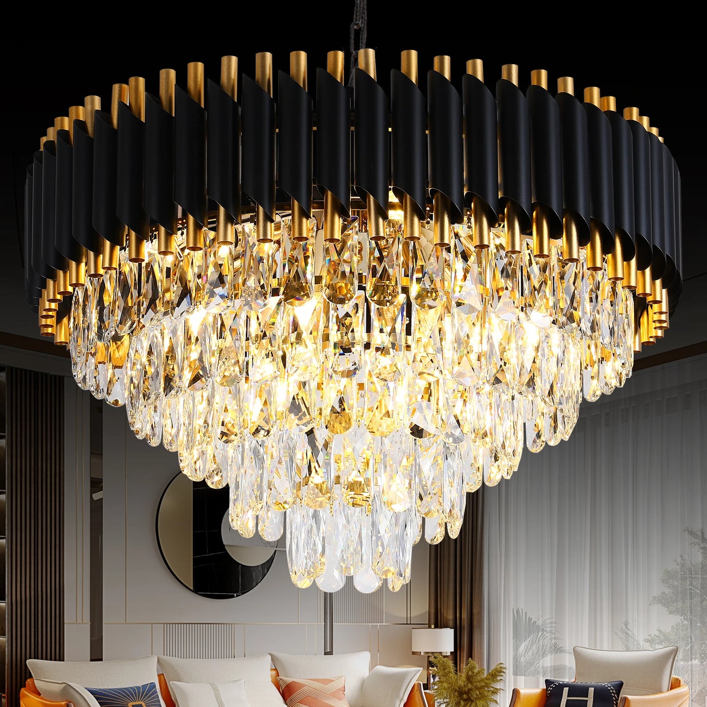 Modern Crystal Chandeliers 5-Tier K9 Round Black and GoldCrystal Chandeliers Light Fixture 12 Lights