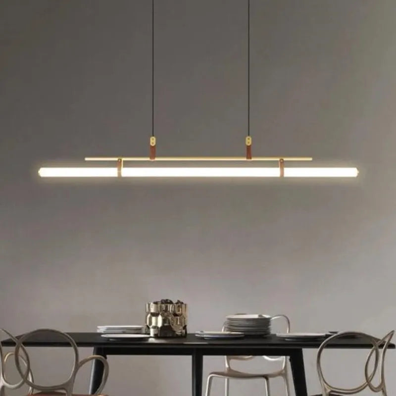 Eden Chandelier - Modern Long Tube Pendant Lamp in Black and Gold with Leather Accents for Kitchen, Dining Room, Office, and Cafe