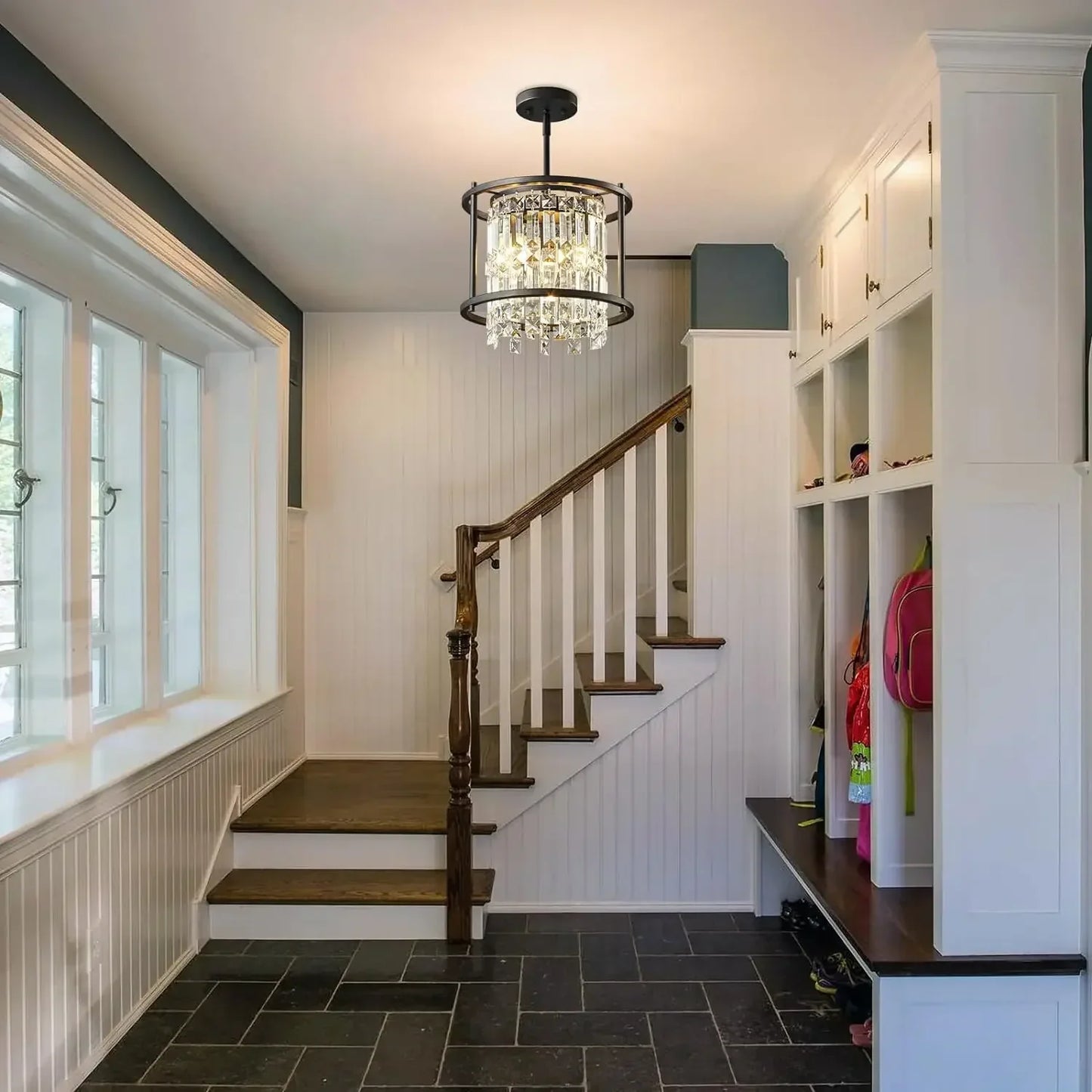 Industrial Farmhouse Chandelier - Black Metal and Crystal Pendant Ceiling Light Fixture