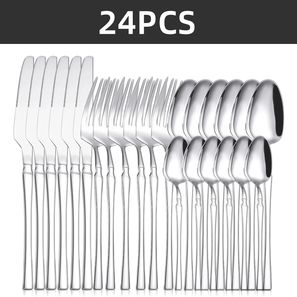 24pcs Silver Cutlery Set Stainless Steel Tableware Knife Fork Coffee Spoon Dinnerware Dishwasher Safe Dinner Cutlery