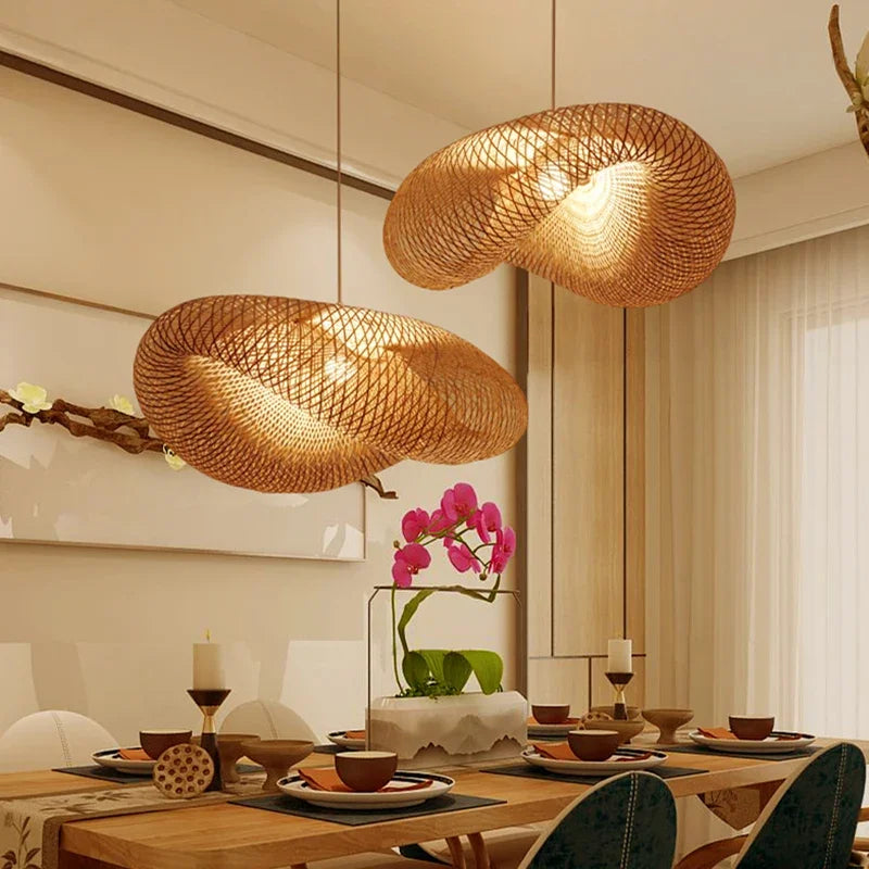 Chinese Handmade Bamboo Pendant Lights - Wicker Rattan Wave Shade Pendant Lamps for Restaurant, Aisle, Tea Room, and Indoor Lighting