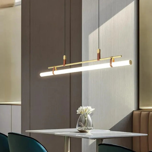Eden Chandelier - Modern Long Tube Pendant Lamp in Black and Gold with Leather Accents for Kitchen, Dining Room, Office, and Cafe