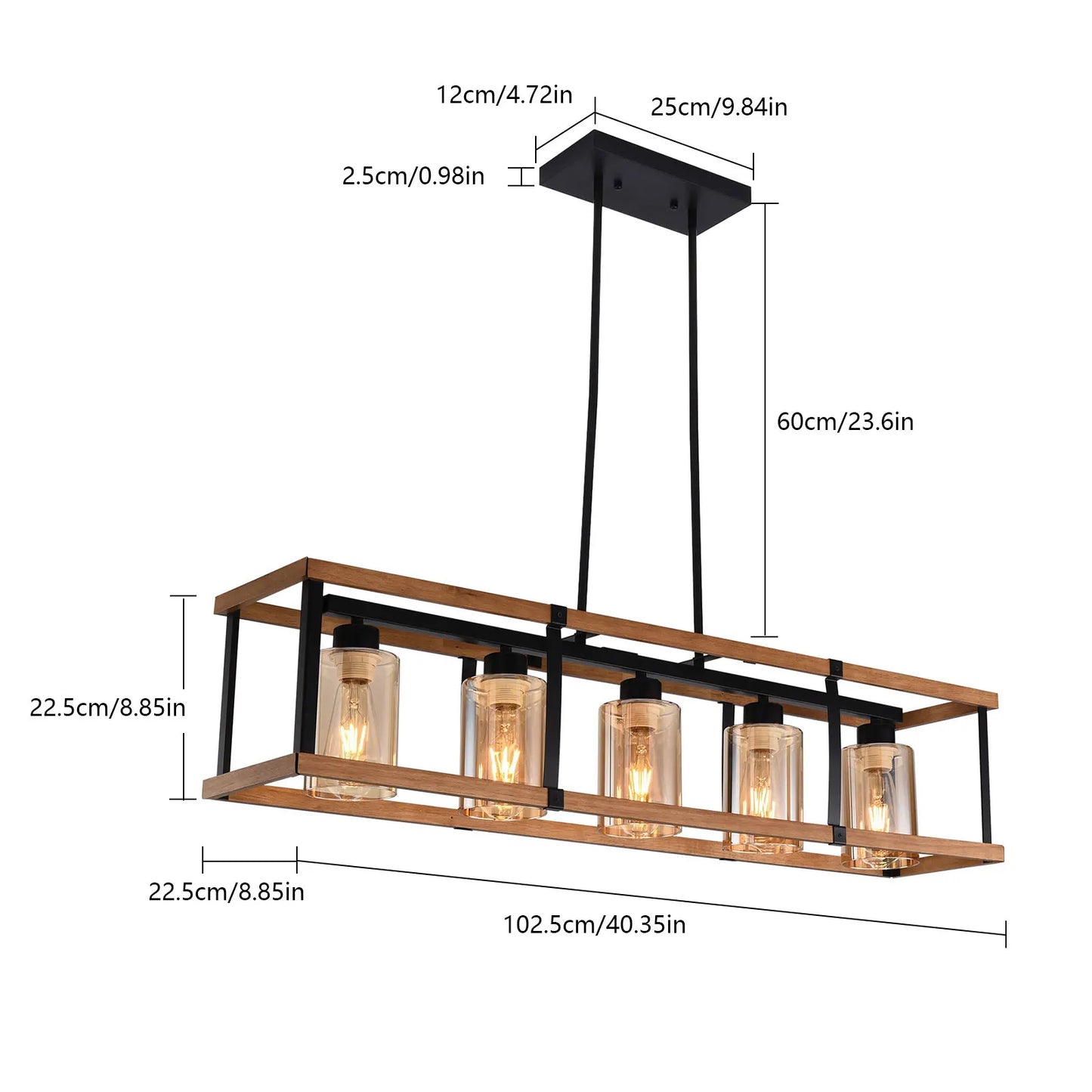 5-Light Farmhouse Chandeliers for Dining Room & Kitchen Island - Rectangle K9 Crystal Light Fixtures with Industrial Style