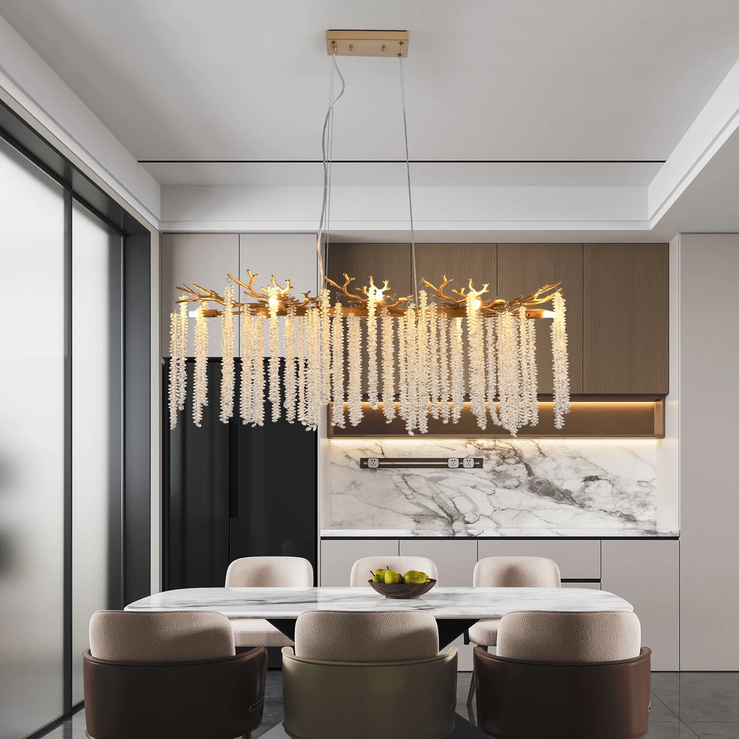 39.4inch Modern Golden Chandelier with Cascading Crystal String, Perfect for Living Room, Dining Room and Foyer, High-End Decorative Lamps (Bulb Not Included)