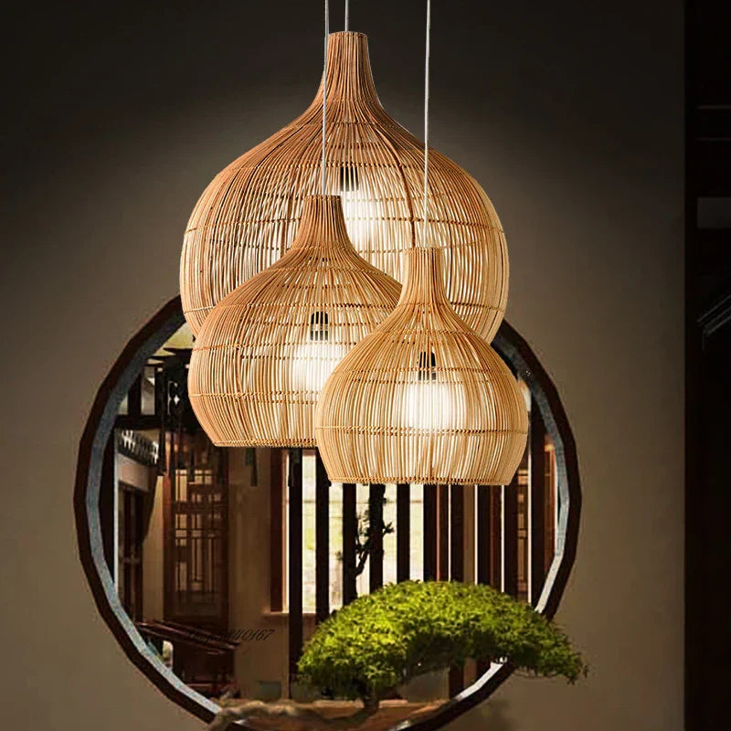 Japanese Handmade Rattan Woven Pendant Lamp - Artful Lighting for Rural Retro Decor