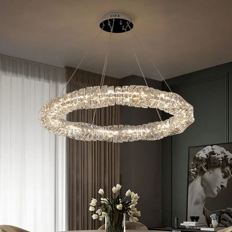 Sophisticated Crystal LED Pendant Lights - Dimmable, Ideal for Living and Dining Rooms - Luxurious Ring Design