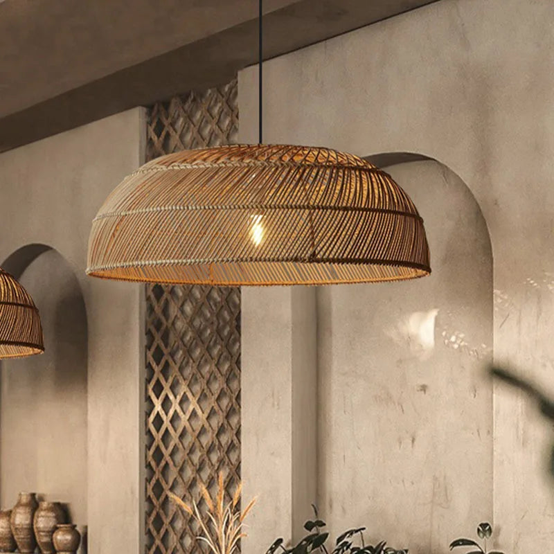 Chinoiserie Flat Rattan Pendant Light - Modern Handmade Creative Pattern Lamp for Living Rooms, Bedrooms, and Dining Room Table Chandeliers
