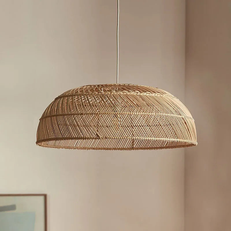 Chinoiserie Flat Rattan Pendant Light - Modern Handmade Creative Pattern Lamp for Living Rooms, Bedrooms, and Dining Room Table Chandeliers