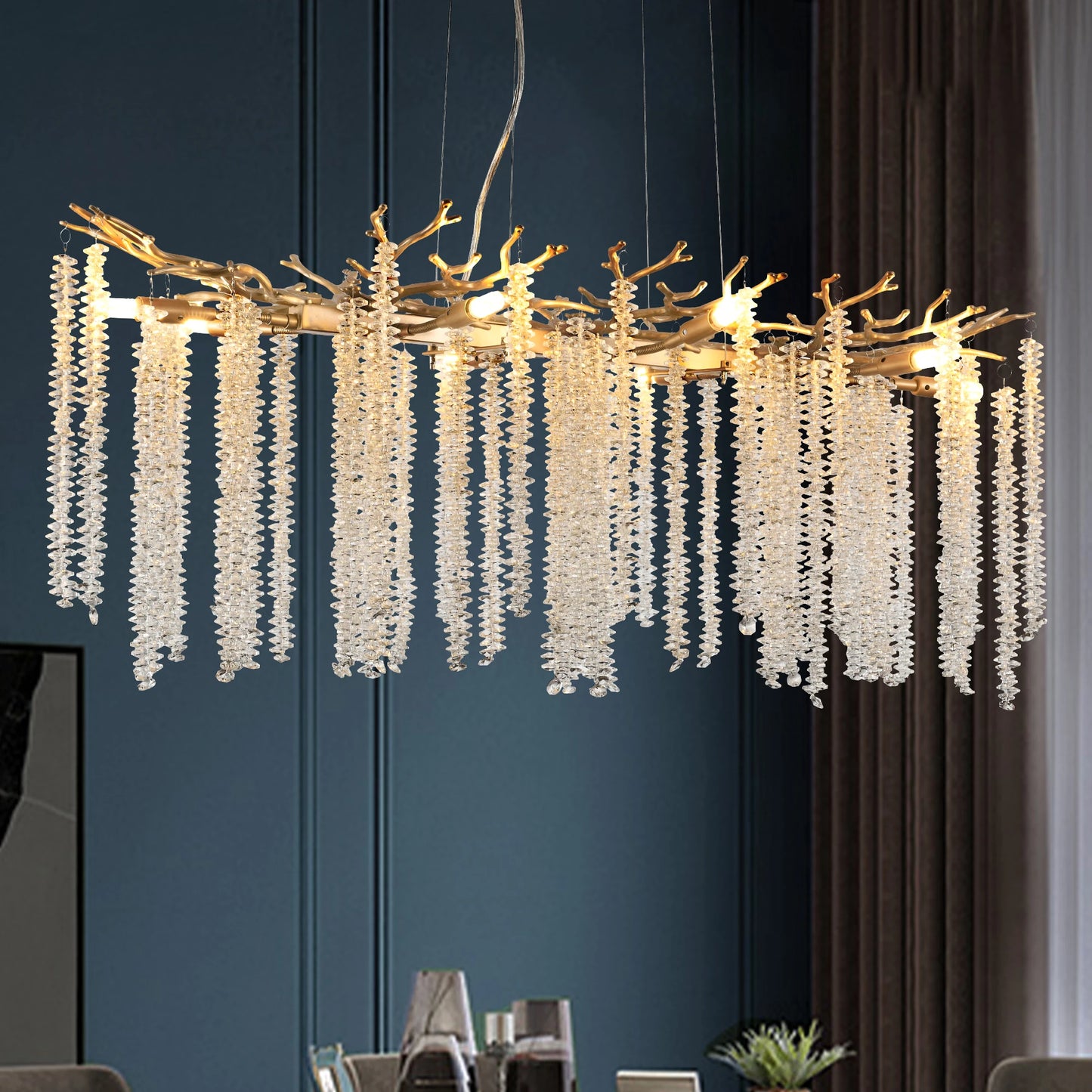 39.4inch Modern Golden Chandelier with Cascading Crystal String, Perfect for Living Room, Dining Room and Foyer, High-End Decorative Lamps (Bulb Not Included)