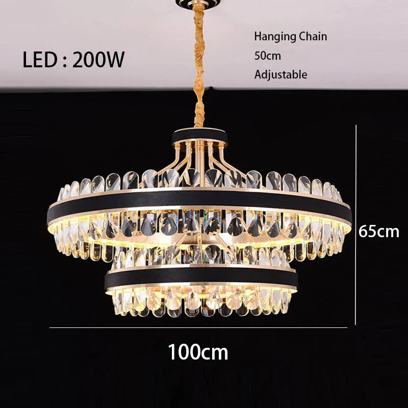 Dimmable LED Crystal Oval Ceiling Chandeliers - Black Leather Luxury Lustres for Dining Room Decor