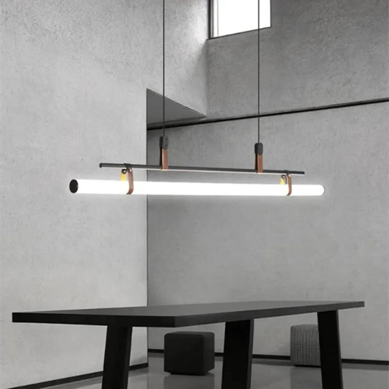 Eden Chandelier - Modern Long Tube Pendant Lamp in Black and Gold with Leather Accents for Kitchen, Dining Room, Office, and Cafe
