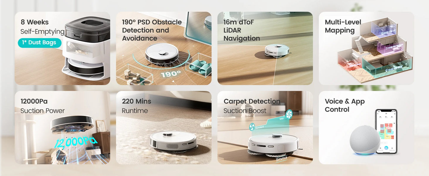 LEFANT Robot Vacuum Cleaner with Mapping, 12000Pa Suction, Emptying Station, Automatic Washing and Drying, DTOF Laser