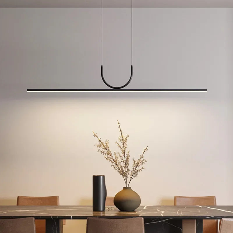 Contemporary LED Strip Pendant Lights - Stylish Black Chandelier for Living, Dining Room, and Kitchen Decor