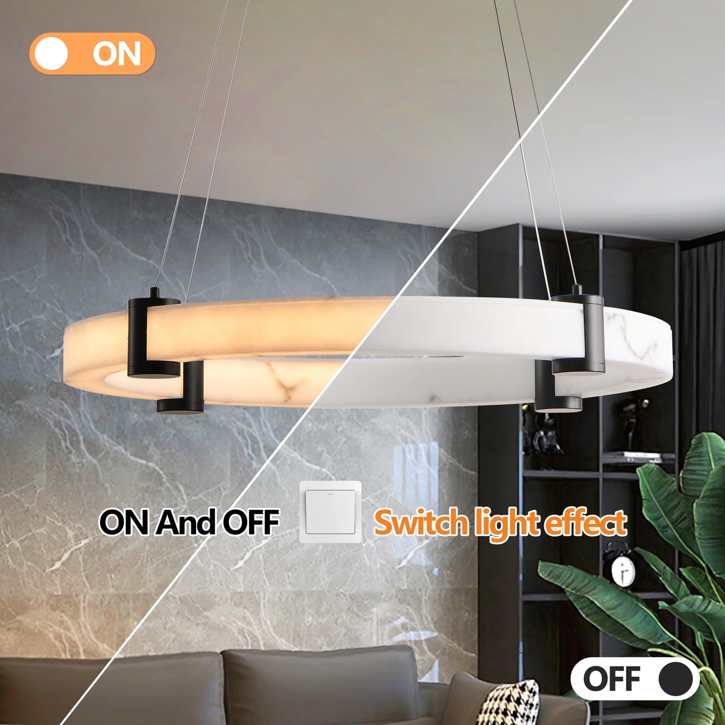 Modern LED Pendant Light, 23.6-Inch Round Hanging Chandelier with Adjustable Height, Imitation Marble Finish Resin Ring Lamp
