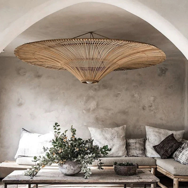 Wabi Sabi Japanese Rattan Pendant Light - Handmade Straw Hat Chandelier for Unique Decor