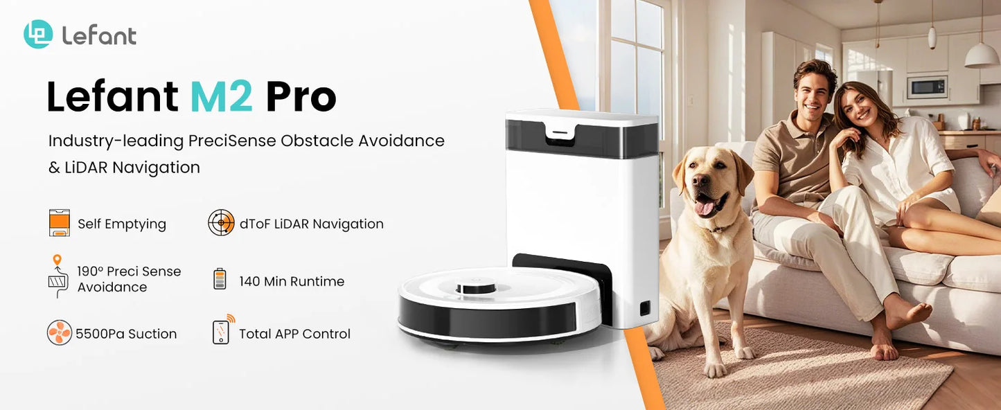 Lefant M2Pro Robot Vacuum with Mop,Self-Emptying, 6000Pa , DTOF Laser Navigation, PSD Obstacle Avoidance, Wi-fi/Alexa Control