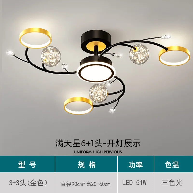 Black Ceiling Chandeliers - Modern Living Room and Hall Ceiling Light Fixture with Romantic Starry Gold Creative Ceiling Lamp for the Bedroom