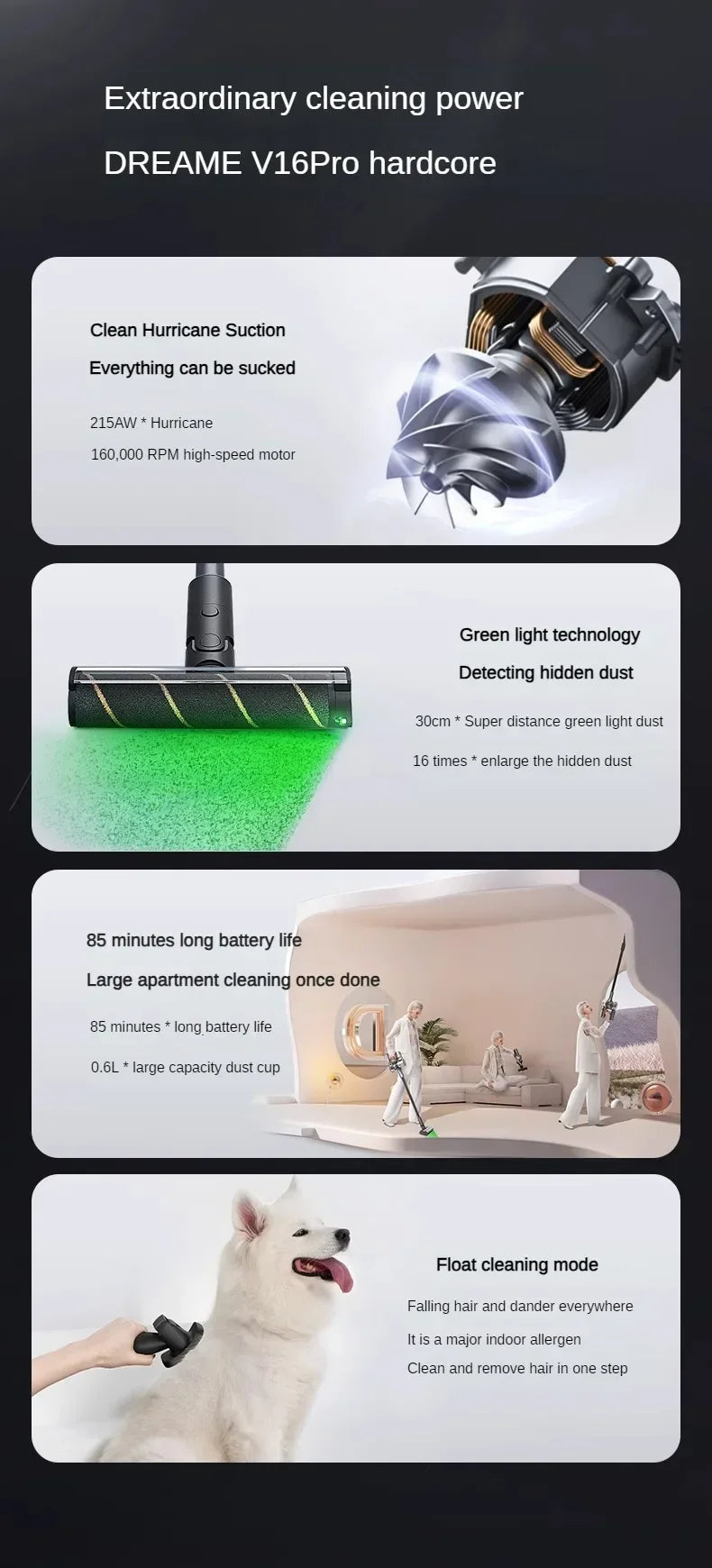 Dreame V16Pro Cordless Vacuum Cleaner Household Large Suction Green Light Dust Handheld Mite Removal Small Home Appliances