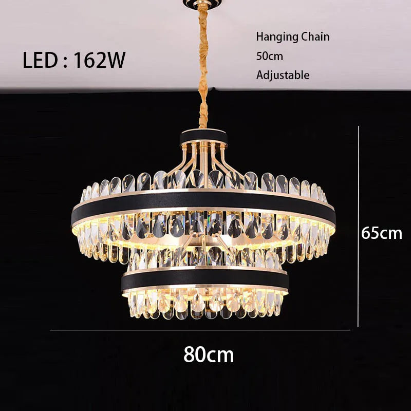 Dimmable LED Crystal Oval Ceiling Chandeliers - Black Leather Luxury Lustres for Dining Room Decor