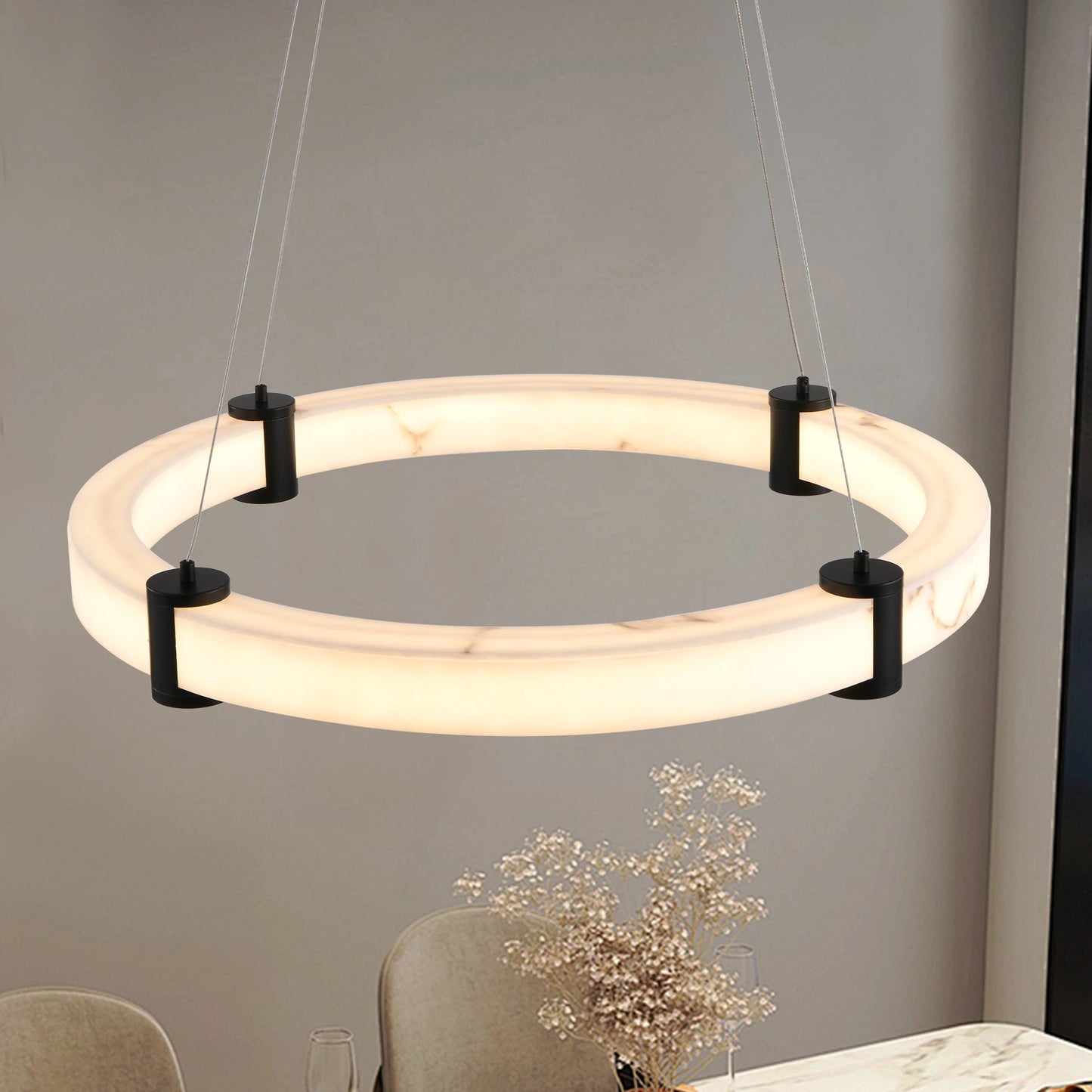 Modern LED Pendant Light, 23.6-Inch Round Hanging Chandelier with Adjustable Height, Imitation Marble Finish Resin Ring Lamp
