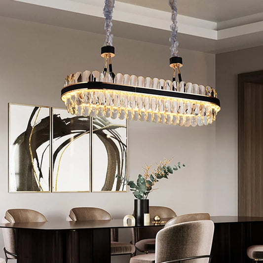 Dimmable LED Crystal Oval Ceiling Chandeliers - Black Leather Luxury Lustres for Dining Room Decor