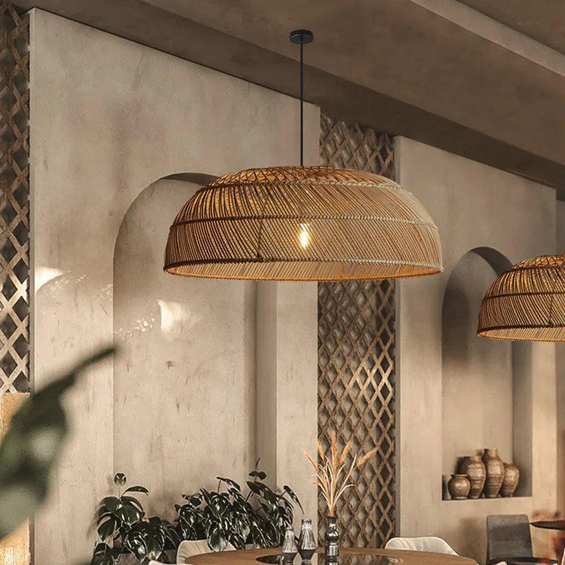 Chinoiserie Flat Rattan Pendant Light - Modern Handmade Creative Pattern Lamp for Living Rooms, Bedrooms, and Dining Room Table Chandeliers